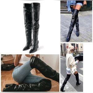 New Zara Oversided Geometric Heeled Leather Boots Over The Knee Thigh High